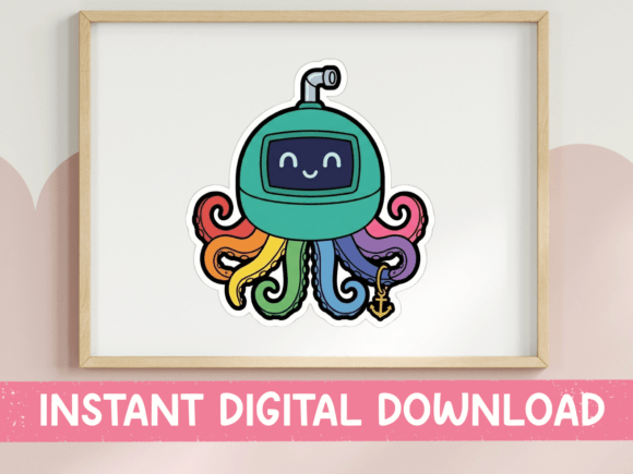 Kawaii Robot Octopus Rainbow Sticker